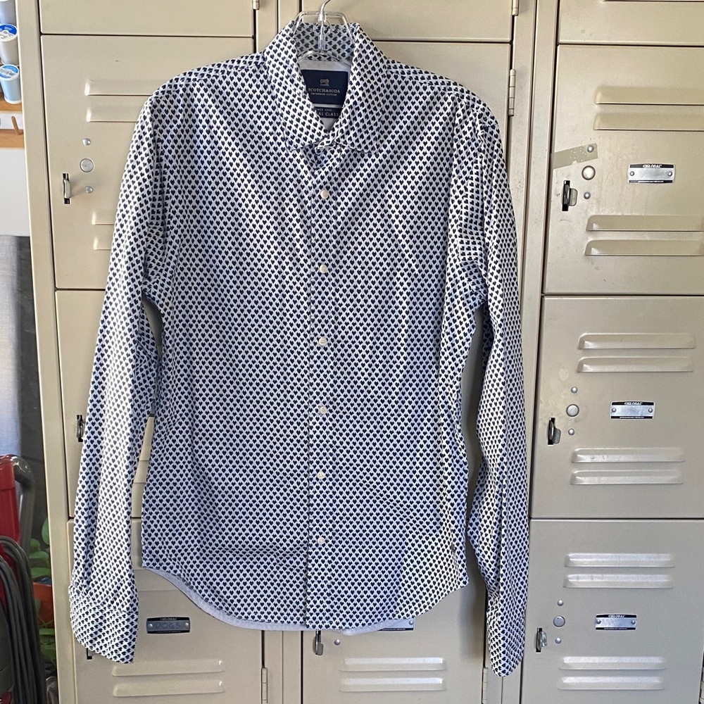 Scotch & Soda White Button-Down Shirt with Navy Micro Diamond Print